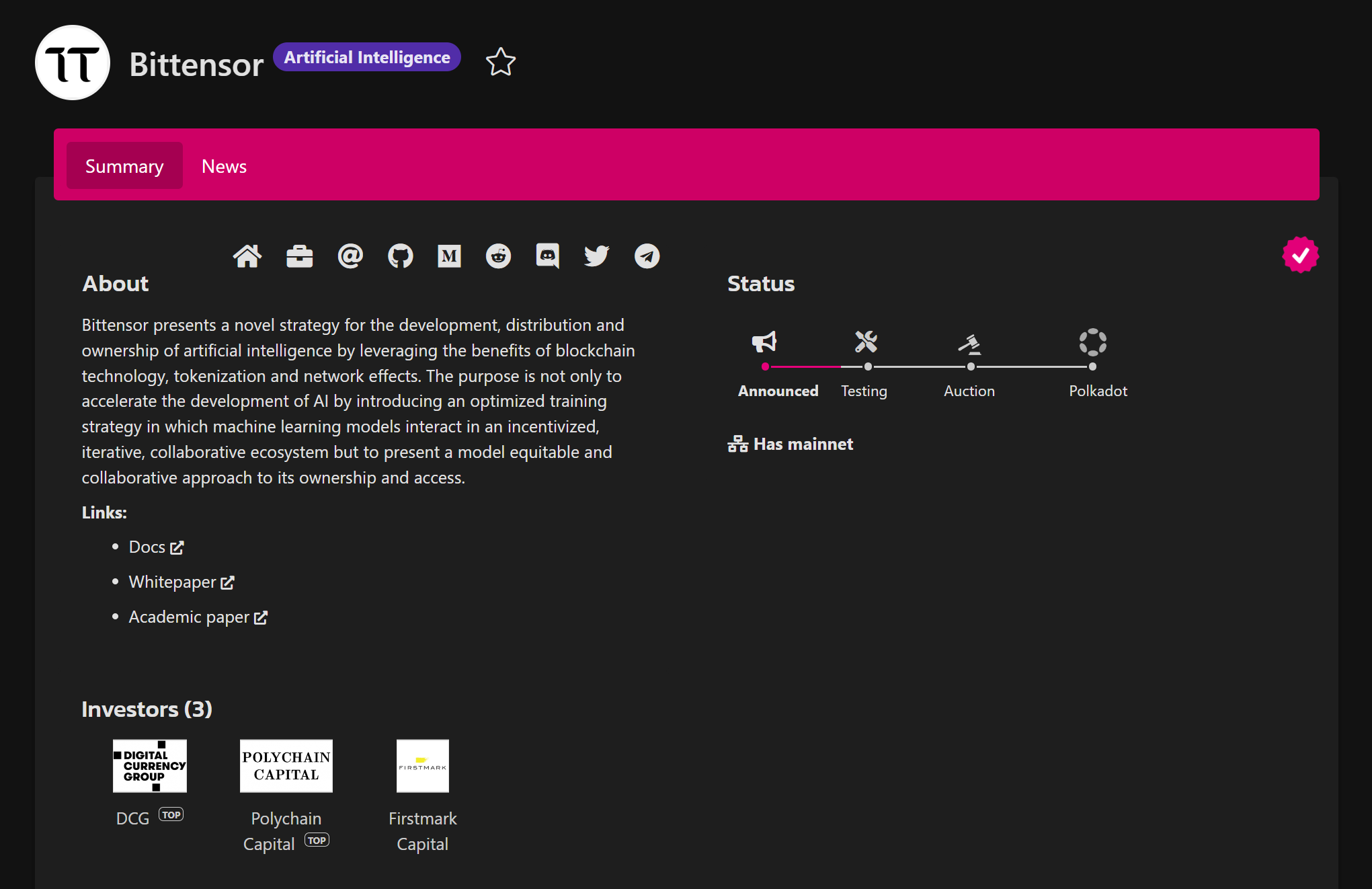 New project Bittensor has been added on Parachains.info